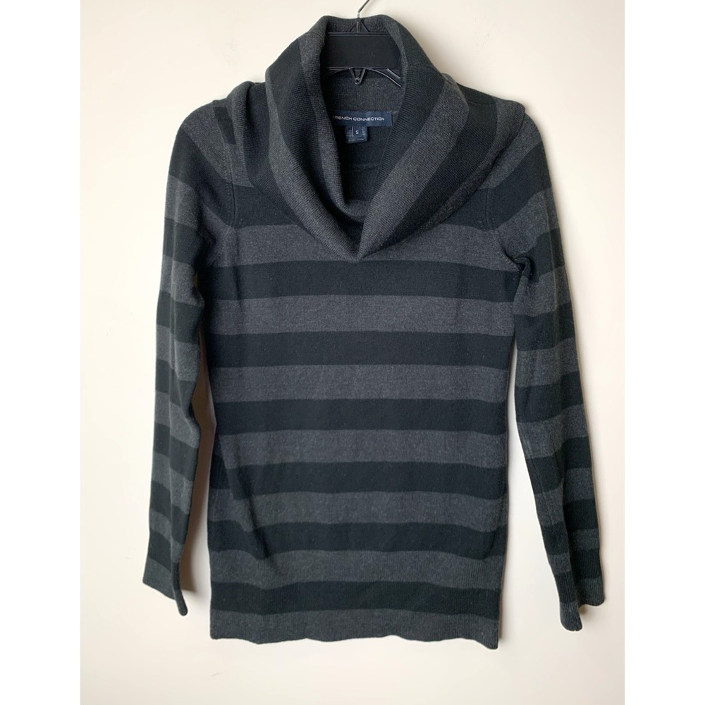 French Connection Cowl Neck Sweater Womens Small Black Gray Stripe Stretch